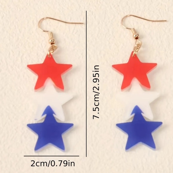 Bold large USA flag colors triple star dangle earrings gold tone for women nwt - Picture 2 of 4